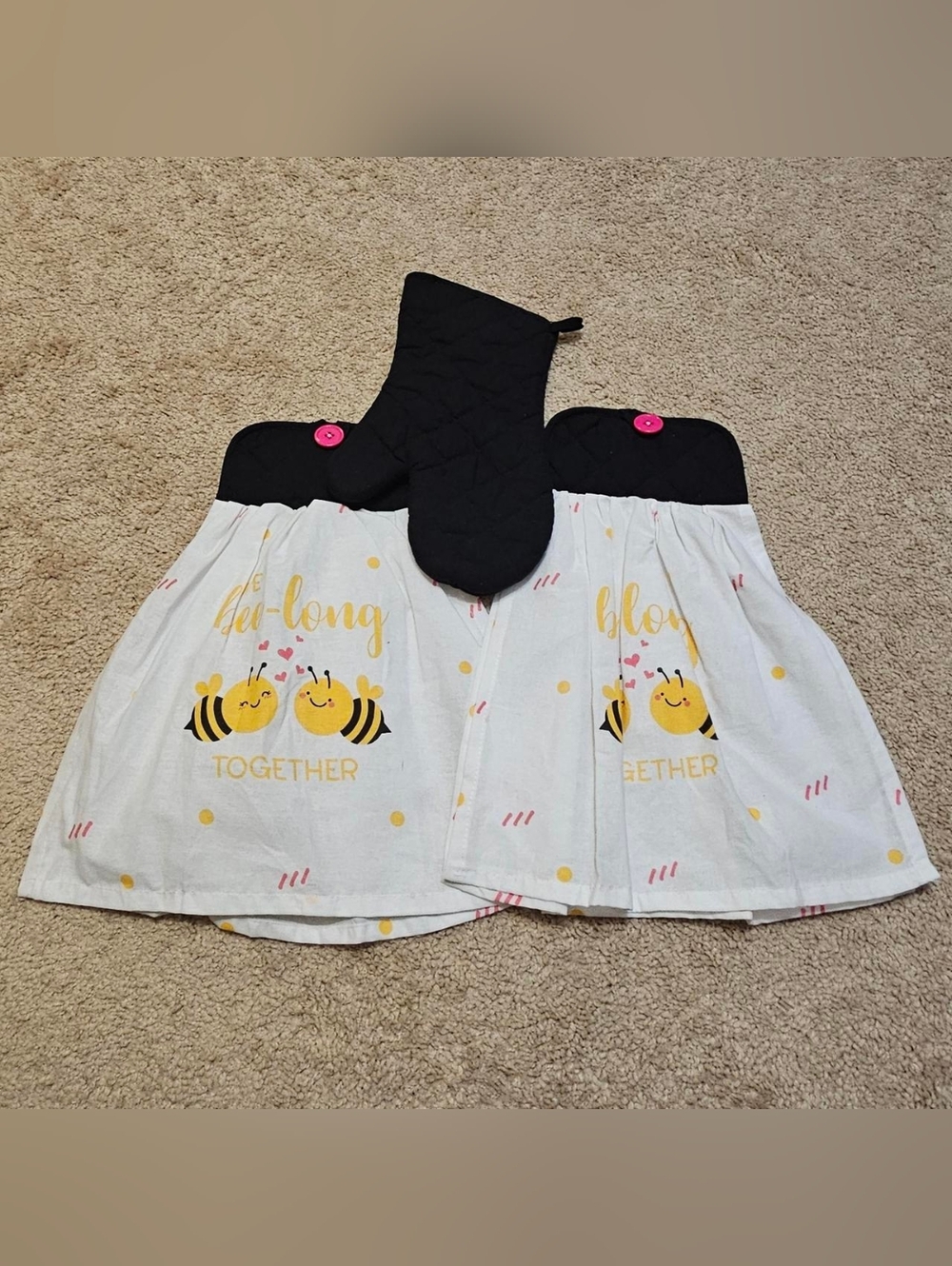 2 Handcrafted Towels Attached To Black Potholders Yellow Black White Pink